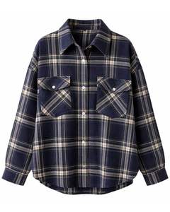 Camisa Oversize de Franela a Cuadros para Mujer, Azul Marino, Manga Larga, Casual, con Bolsillos, Suave, para Otoño e Invierno, Venta al por Mayor - Product Image 1