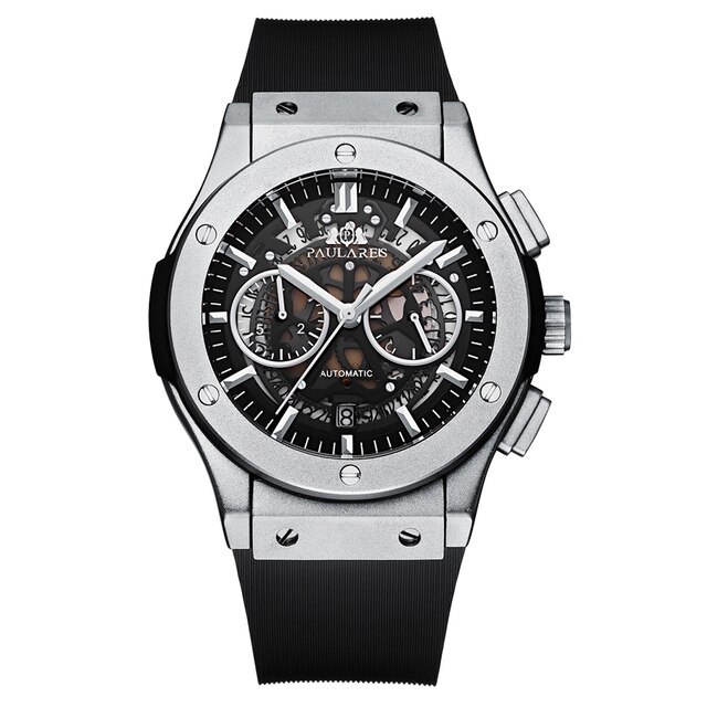 Paulareis Men Chronograph Skeleton See Through Style Luxury Rose Gold Silver Black Titanium Style Rubber Fashion Quartz Watch