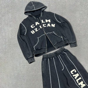 Ensemble survêtement vintage en molleton français surdimensionné personnalisé, pantalon évasé et sweat-shirt, lavage à l'acide, broderie délavée, patch, survêtement pour homme - Product Image 2