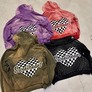 Customized 400Gsm <b>Mens</b> Full Rhinestone <b>Hoodie</b> Acid Wash Oversize Zipper <b>Hoodie</b> Dtg Printing Boxy Fit <b>Men</b> Distressed <b>Hoodie</b> - Product Image 4