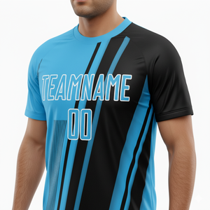 Uniforme de Fútbol Personalizado en Negro y Azul Claro con Diseño Diagonal - Conjunto de Camiseta y Pantalones Cortos con Rayas Gráficas - Product Image 3