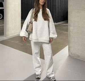 Conjuntos informales de ropa de mujer para mujer, venta al por mayor, chándal de último diseño, Conjunto de sudadera y pantalones de pierna ancha de punto personalizados - Product Image 1