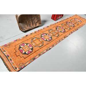 Turkish Vintage <b>Runner</b> <b>Rug</b> 2.4x12.3 ft, Herki Orange Wool <b>Rug</b> - Product Image 2