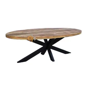 工业椭圆形实心芒果木餐桌，十字铁腿实心褶皱天然饰面木质定制设计餐饮