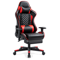 Chaise de jeu moderne en PVC matelassé noir et rouge avec repose-pieds réglable et coussin lombaire pour bureaux à domicile, salles d'étude et salles de jeu