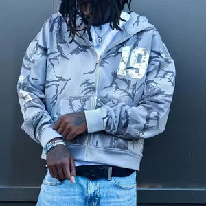 Custom Logo Cropped <b>Hoodie</b> for Men Oversized Streetwear Cotton <b>Zip</b> <b>Up</b> with Drawstring and <b>Graphic</b> Print - Product Image 6