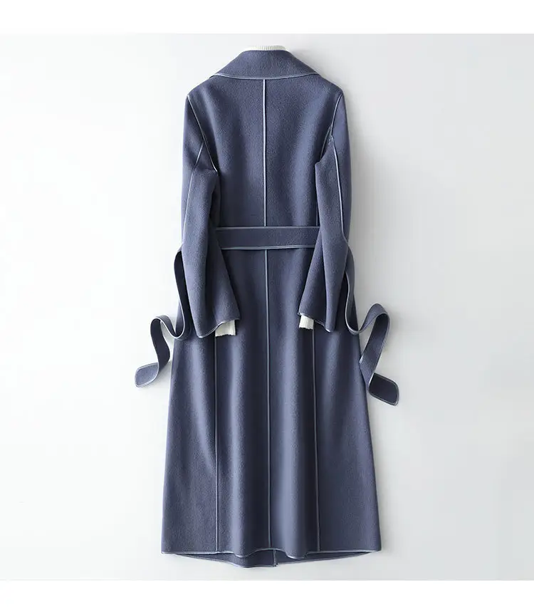2022 spring and autumn new wool double-sided Blue Warm wool coat women's mid-length wholesale women's edging woolen coat women