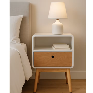 High Quality Modern Design <b>Nightstand</b> MDF Ash Veneer Material Natural Rubber Wood White Accents for Bedroom Hospital Hotel - Product Image 1