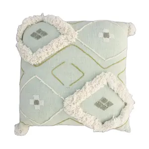 Tufted Handloom Pom Pom Throw cushion cover 45 X 45 cm Handloom Cotton Patch Tufted Light Green Mudcloth Bed Pillow