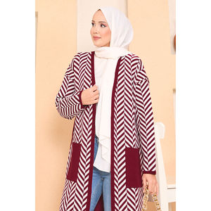 Cárdigan Bordado con Detalle de Bolsillo para Otoño/Invierno, Color Borgoña, con Rayas en Zigzag, Estilo Hijab, Tejido Casual de Cachemira y Lana con Botones, para Primavera - Product Image 4
