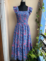 Robe longue vintage en coton indien, imprimée à la main, motif floral, col carré, longueur ras du sol, taille naturelle, tissée