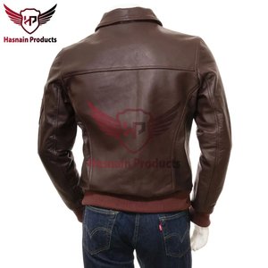 Mens Brown Genuine Leather Bomber Jacket Classic Rib Knit Hem Shirt Collar Zipper Casual Slim Fit Leather <b>Coat</b> - Product Image 5