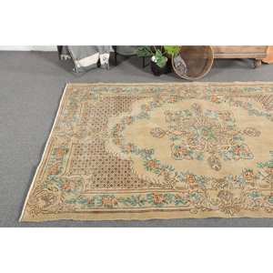 Tapis turc vintage, respectueux de l'environnement, en latex beige brun, laine, tissage plat, motif patchwork, traditionnel, 5,2 x 7,9 pieds, salon, couloir - Product Image 2