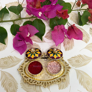 Nuevo Plato Thali Kumkum Chapado en Oro de Diseño, Hermoso Plato Thali Chapado en Oro con Tapa de Diseño para Puja, Mehndi, Recuerdo - Product Image 1