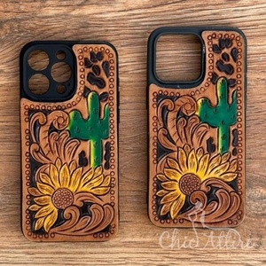 เคสไอโฟนหนังแท้ลายดอกทานตะวันสไตล์ตะวันตกใหม่เคสโทรศัพท์หนังคาวเกิร์ลสำหรับ iPhone 15 PRO MAX - Product Image 1