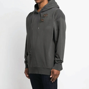 Vente en gros : Sweat à capuche zippé en molleton (coton/polyester) respirant et léger, style streetwear tendance et déchiré - Product Image 5