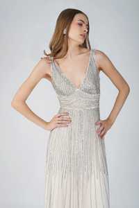 Vestido largo de fiesta adornado, tela de crepé, cintura Natural, alfombra roja, Glamour, elegante noche, inspiración Vintage, cuentas plateadas - Product Image 6