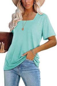 Camiseta verde de manga corta con cuello cuadrado informal para mujer, diseño de estampado bordado de Color sólido, logotipo de Material de lona de poliéster - Product Image 2