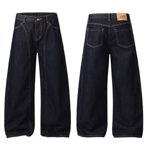 Nouveau jean en denim brut à jambe large et style rétro unisexe, coupe droite, ample, en noir et bleu pour l'hiver - Product Image 1