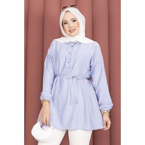 Blusa Larga y Corta para Mujer con Detalle de Encaje a Rayas Índigo, Camisa Túnica Informal de Algodón Popelina para Primavera/Verano, Talla XL - Product Image 2