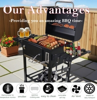 Barbecue à charbon de bois avec grande surface de cuisson, chariot avec table pliante, en acier et fer thermolaqué, télécommande, grille en fonte