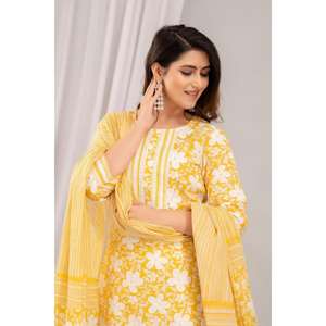 Women's Yellow Floral Print Straight Kurta Set with <b>Trousers</b> & Dupatta Featuring Yoke Design - Product Image 6