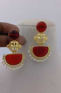 Crescent Temple Drop <b>Earrings</b> Set Semi-Circular Stone Finish Unique Ornamentation Brass Made Bulk Product Customize Design - Product Image 2