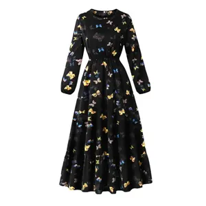Robe en polyester pour femmes printemps automne Col long manches Papillon Fleur Impression numérique Moyen-Orient Taille élastique Anti-statique - Product Image 6