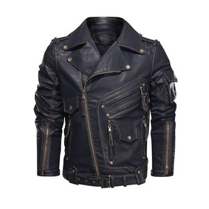 Chaqueta de Cuero de Oveja Genuino para Hombre, Cuello Alto, Cremallera Completa, Tela de Lona Transpirable, Resistente al Viento, para Motocicleta - Product Image 1