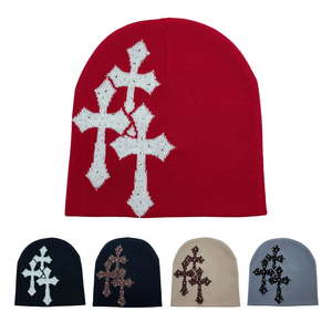 Gorro personalizado sin puños de calavera de invierno, gorros de Jacquard de punto con logotipo completo con gorros de tela comunes - Product Image 2