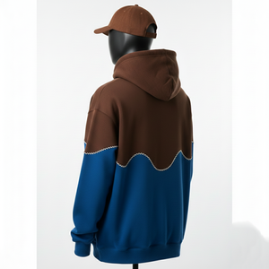 Sweat à capuche 320GSM en coton mélangé doux, panneaux bicolores marron et bleu, broderie, logo personnalisé, sweat à capuche basique - Product Image 3