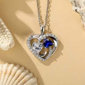 สร้อยคอ Jeulia Ocean Heart แบบกำหนดเองได้ ประดับด้วยพลอยประจำเดือนเกิดสองเม็ด พร้อมเพชรซิร์คอน สำหรับวันครบรอบ - Product Image 3