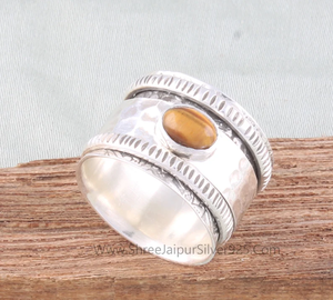 Handcrafted Tiger eye carved band small round Sterling Silver & Brass <b>Spinner</b> <b>Ring</b> Boho Meditation Silver Worry <b>Ring</b> For women - Product Image 5