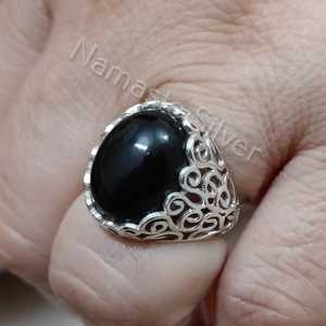 Handmade 925 Sterling Silver Black Onyx <b>Ring</b> Natural Oval Gemstone Inlay <b>Statement</b> Jewelry July Birthstone Gift - Product Image 1
