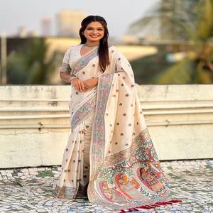 VASTRA COTTAGE Soft Silk Meenakari Baluchari <b>Saree</b> with Floral Motifs Rich Zari Woven Border Pallu and Brocade Meenakari <b>Blouse</b> - Product Image 1