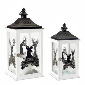 Custom Christmas White Wooden <b>Candle</b> <b>Lanterns</b> Handmade Modern Elegant Home Decoration <b>Black</b> Metal Top Reindeer Printed Glass - Product Image 4