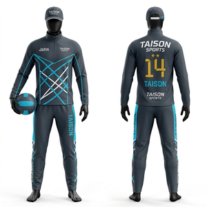 Breathable polyester spandex 250 GSM volleyball <b>men</b> training suit navy orange panel style custom embroidery logo - Product Image 5