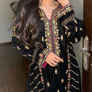 Elegant Indian Pakistani Stylish Embroidery Velvet Kurta Sequined Button for Party/ Wedding 2023 Including Plazo Dress - Product Image 1