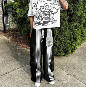 กางเกงสเวตแพนท์ปักลาย Y2K แบบกำหนดเอง ล้างสีแบบ Acid Wash ผ้าฝ้าย 100% ลายทางซ้อน กางเกงทรง Baggy สไตล์ Argo สำหรับผู้ชาย - Product Image 6