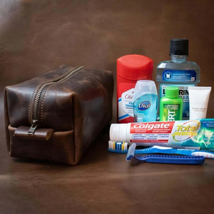 Leather Toiletry Bag <b>Medium</b> Size Vintage Style Zipper Closure Durable Soft Handle Men Travel Cosmetic <b>Case</b> - Product Image 2