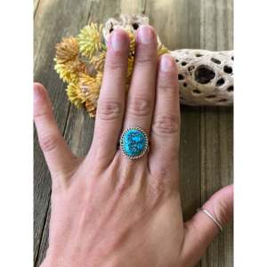 Navajo-Made Kingman Turquoise & <b>Sterling</b> <b>Silver</b> Ring Cultural Collectible Jewelry Size 8.5 - Product Image 5