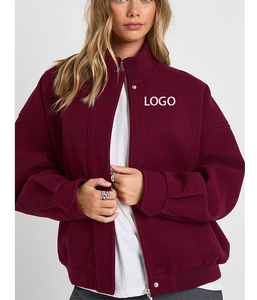 เสื้อแจ็คเก็ตบอมเบอร์ปักลายไหมพรมขนสัตว์สำหรับฤดูใบไม้ร่วง  คอตั้ง  สีพื้น  สำหรับฤดูหนาว  สำหรับผู้หญิง  สีแดงเบอร์กันดี  สไตล์วาร์ซิตี้ - Product Image 1
