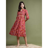Robe midi évasée en coton respirant à manches longues boutonnées, imprimé floral tissé marron, pour femme – Collection Élégance Vibrante