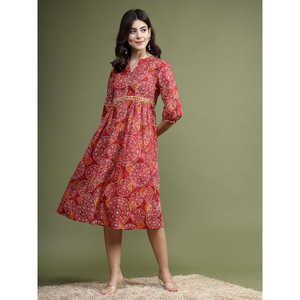 Vestido Midi Étnico de Algodón con Estampado Floral y Detalles de Espejo para Mujer, Color Granate, Talla XS, Transpirable, Ideal para Fiestas de Verano, Estilo Natural - Product Image 4