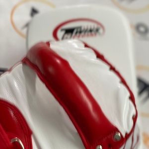 Top Selling Personalized Twins White Red Kickboxing <b>Kick</b> <b>Shields</b> Genuine Leather Protection Training Curved Leg Thai Pads - Product Image 6