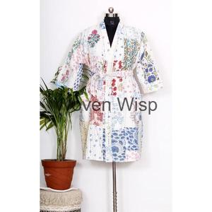 Veste Kimono en coton matelassé fait à la main unisexe unique longue tissée indienne respirante rayure doublée de lin - Product Image 1