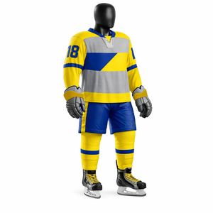 Uniforme de hockey sobre hielo personalizado, conjunto de camiseta y pantalones cortos sublimados en amarillo y azul, ropa de equipo para adultos, fabricante OEM ODM - Product Image 4