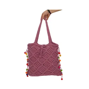 Handmade Cotton Macrame Handbags Fashionable Beach Bags Handknitted Pink Handbags At Market Price