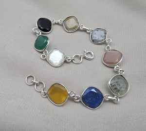925 Sterling <b>Silver</b> Multi Stone Bracelet Natural Gemstone Cushion Link Jewelry For <b>Women</b> Artisan Boho Ethnic Jewelry Fashion - Product Image 6