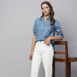 Nardon Apparel 100% camisas de mezclilla de algodón 2025 blusas de diseñador de verano para mujer camisa de mezclilla azul claro sólido informal - Product Image 1